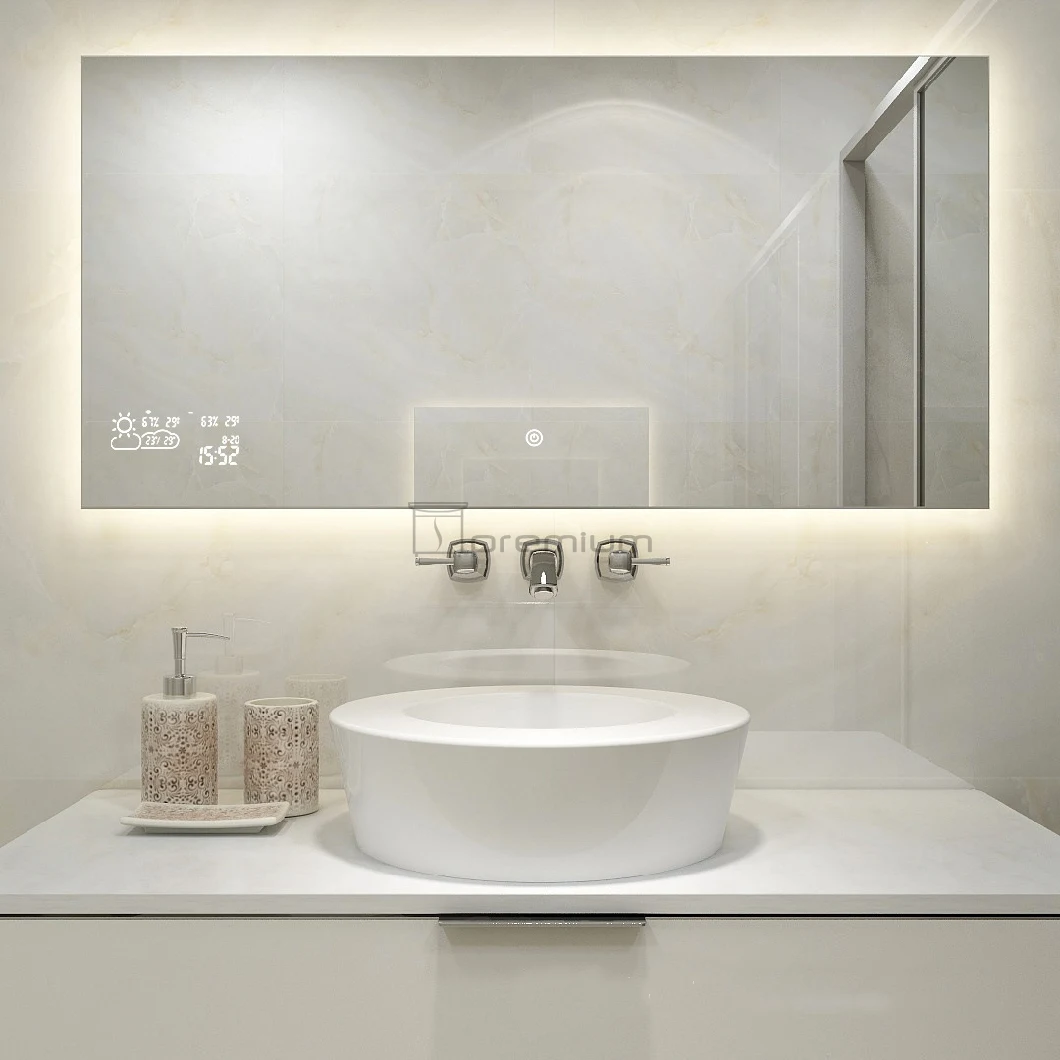 Wholesale Luxury Home Decorative Smart Mirror Wholesale LED Bathroom Backlit Wall Glass Weather and Temperature Display